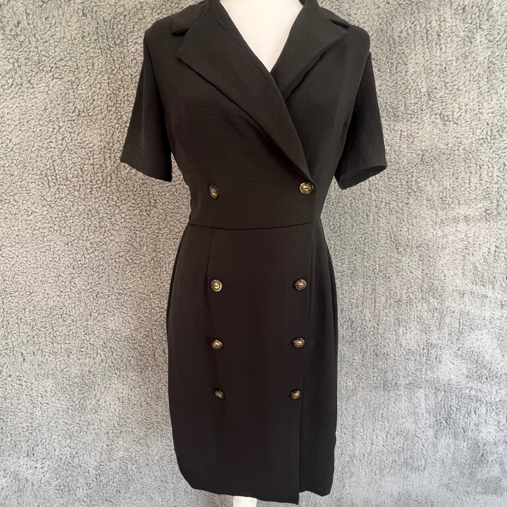 Monteau Black Double Breasted Blazer Shirt Dress M Gold Buttons Tailored